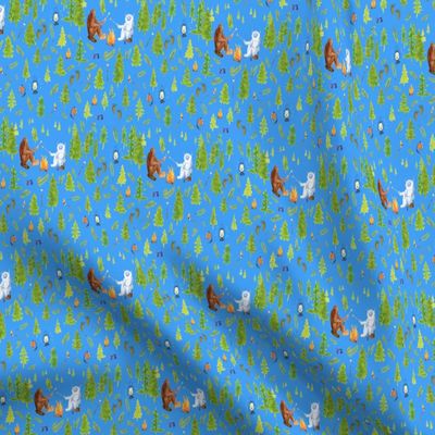 Spoonflower Fabric - Camping Trip Polar Blue Bigfoot Sasquatch Snowman Woods Campfire Trees Printed on Cotton Poplin Fabric Fat Quarter - Sewing Shirting Quilting Dresses Apparel Crafts