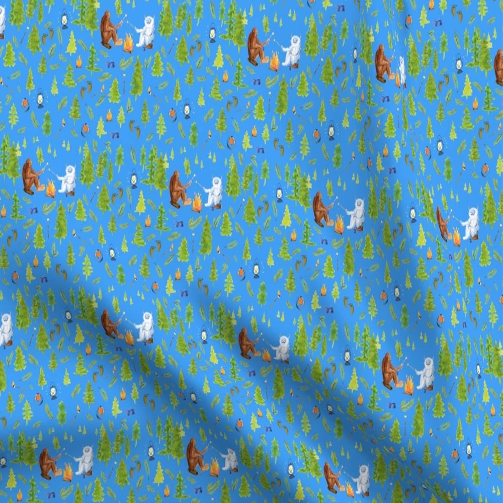Spoonflower Fabric - Camping Trip Polar Blue Bigfoot Sasquatch Snowman Woods Campfire Trees Printed on Cotton Poplin Fabric Fat Quarter - Sewing Shirting Quilting Dresses Apparel Crafts