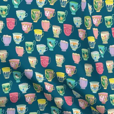 Spoonflower Fabric - Vintage Tea Blue Coffee Pastel French Teacup Printed on Polartec(R) Fleece Fabric Fat Quarter - Sewing Blankets Loungewear and No-Sew Projects