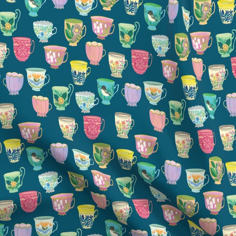 Spoonflower Fabric - Vintage Tea Blue Coffee Pastel French Teacup Printed on Polartec(R) Fleece Fabric Fat Quarter - Sewing Blankets Loungewear and No-Sew Projects