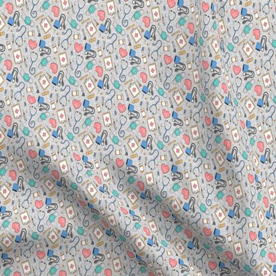 Spoonflower Fabric - Small Scale Medical Doctor Nurse Blue Pink Grey Medicine Nursing Printed on Polartec(R) Fleece Fabric Fat Quarter - Sewing Blankets Loungewear and No-Sew Projects