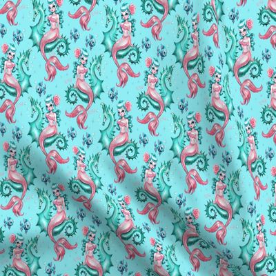 Spoonflower Fabric - Mermaid Blue Small Vintage Retro Mermaids Seahorse Nautical Sea Printed on Polartec(R) Fleece Fabric Fat Quarter - Sewing Blankets Loungewear and No-Sew Projects