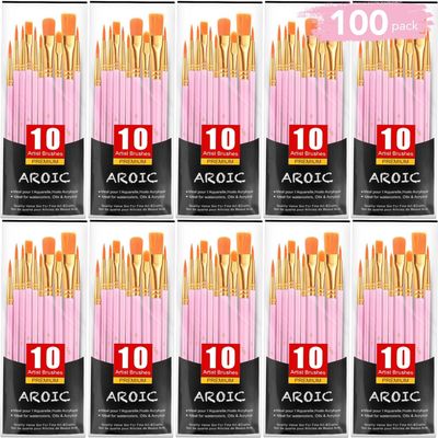 AROIC Painting Brushes Set, 10 Packs /100 Pieces, Nylon Brush Head, Suitable for Oil and Watercolor, Perfect Suit of Art Painting, Best Present for Painting, Pink