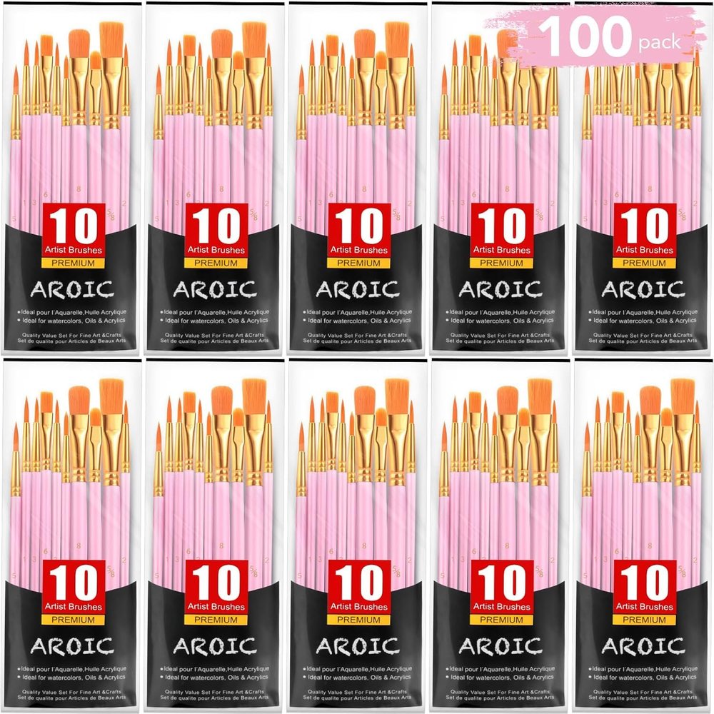 AROIC Painting Brushes Set, 10 Packs /100 Pieces, Nylon Brush Head, Suitable for Oil and Watercolor, Perfect Suit of Art Painting, Best Present for Painting, Pink