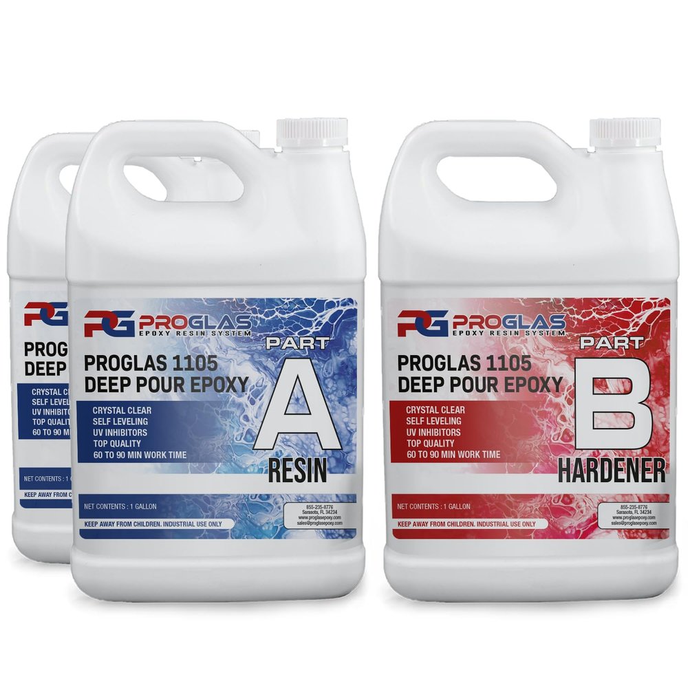 ProGlas 1105 Deep Pour Epoxy Resin Kit - 3 Gallons - Premium 2:1 Ultra Clear Liquid Cures Extremely Hard, Pour Up to 2" Thick, Food Safe, Jewelry, Self Leveling, Art Crafts, River Tables