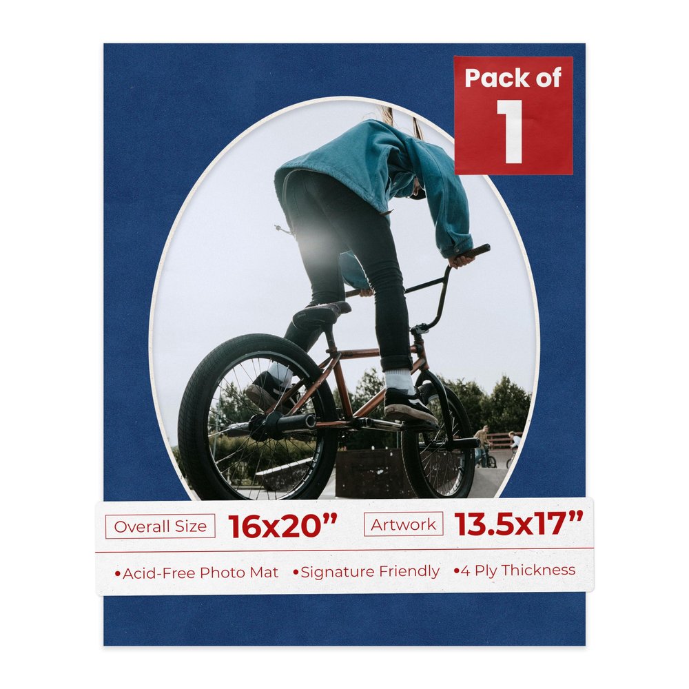 16x20 Mat Bevel Cut for 13.5x17 Photos - Precut Brooke Blue Suede Oval Shaped Photo Mat Board Opening - Acid Free Matte to Protect Your Pictures - Bevel Cut for Family Photos, Pack of 1 Matboard Show