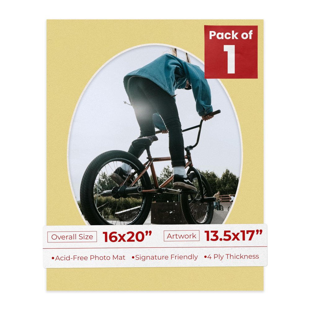 16x20 Mat Bevel Cut for 13.5x17 Photos - Precut Soft Yellow Oval Shaped Photo Mat Board Opening - Acid Free Matte to Protect Your Pictures - Bevel Cut for Family Photos, Pack of 1 Matboard Show Kit