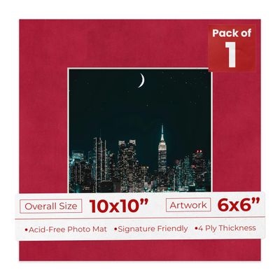 10x10 Mat Bevel Cut for 6x6 Photos - Precut Bright Red Suede Square Shaped Photo Mat Board Opening - Acid Free Matte to Protect Your Pictures - Bevel Cut for Family Photos, Pack of 1 Matboard Show Kit
