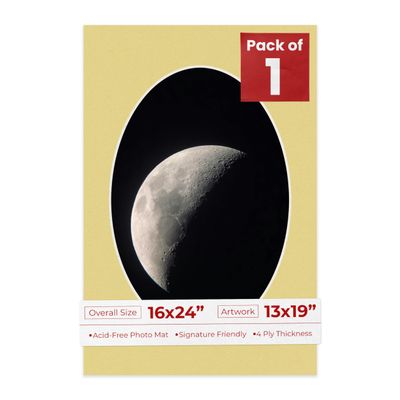 16x24 Mat Bevel Cut for 13x19 Photos - Precut Soft Yellow Oval Shaped Photo Mat Board Opening - Acid Free Matte to Protect Your Pictures - Bevel Cut for Family Photos, Pack of 1 Matboard Show Kit With