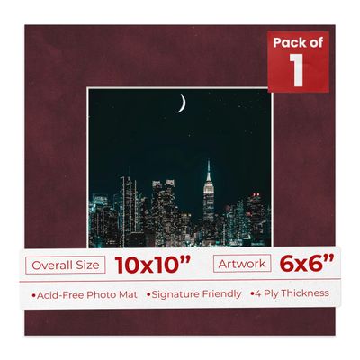 10x10 Mat Bevel Cut for 6x6 Photos - Precut Dark Red Suede Square Shaped Photo Mat Board Opening - Acid Free Matte to Protect Your Pictures - Bevel Cut for Family Photos, Pack of 1 Matboard Show Kit