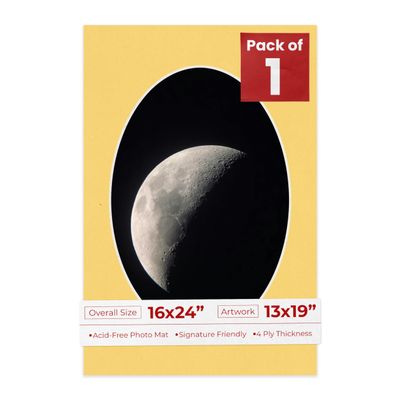 16x24 Mat Bevel Cut for 13x19 Photos - Precut Chamois Yellow Oval Shaped Photo Mat Board Opening - Acid Free Matte to Protect Your Pictures - Bevel Cut for Family Photos, Pack of 1 Matboard Show Kit