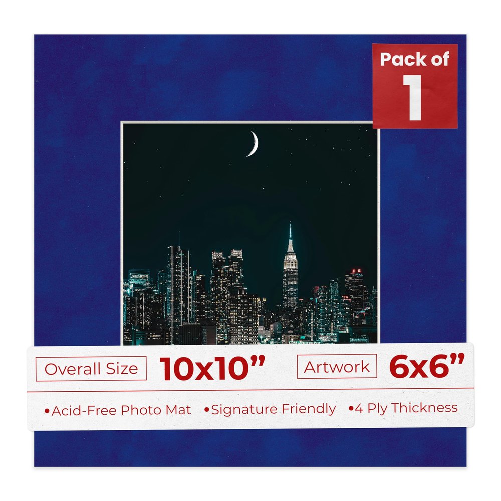 10x10 Mat Bevel Cut for 6x6 Photos - Precut Royal Blue Suede Square Shaped Photo Mat Board Opening - Acid Free Matte to Protect Your Pictures - Bevel Cut for Family Photos, Pack of 1 Matboard Show Kit