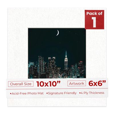 10x10 Mat Bevel Cut for 6x6 Photos - Precut White Linen Canvas Square Shaped Photo Mat Board Opening - Acid Free Matte to Protect Your Pictures - Bevel Cut for Family Photos, Pack of 1 Matboard Show