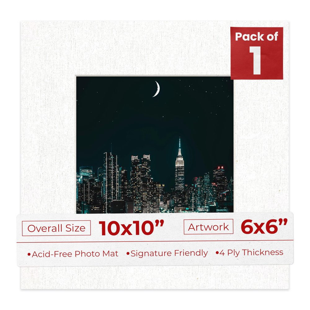 10x10 Mat Bevel Cut for 6x6 Photos - Precut White Linen Canvas Square Shaped Photo Mat Board Opening - Acid Free Matte to Protect Your Pictures - Bevel Cut for Family Photos, Pack of 1 Matboard Show