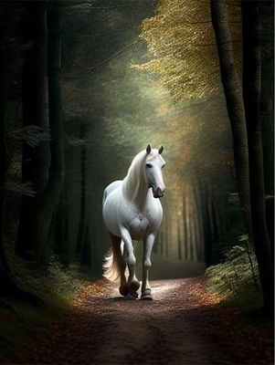 5D DIY Diamond Painting Kits Full Drill,Diamond Painting Kits Art,Animal Diamond Art, White Horse in The Woods Diamond Painting Craft for Home Office Wall Decor 12x16 inch