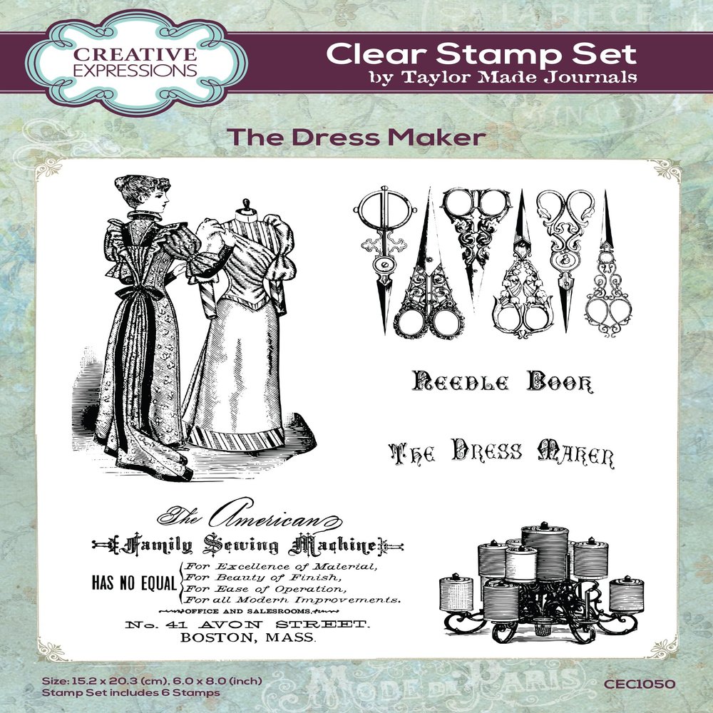 Creative Expressions Taylor Made Journals The Dress Maker 6 in x 8 in Clear Stamp Set, 6 x 8