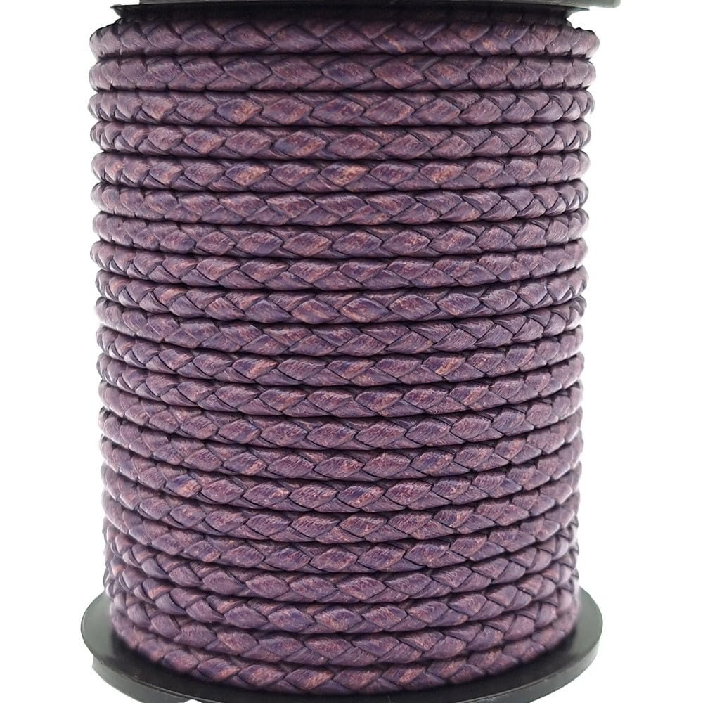 ShapesbyX 5 Yards Regenerated Leather Braided Cords 3mm Round for Jewelry Making or Bolo Tie Distressed Purple