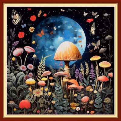 Findvoor Stamped Cross Stitch Kits for Beginners Full Range of Cross Stitching Embroidery Pattern for Adults, 11CT DIY Needlepoint Embroidery Starter Kits-Moon Mushroom 17.7x17.7 inch