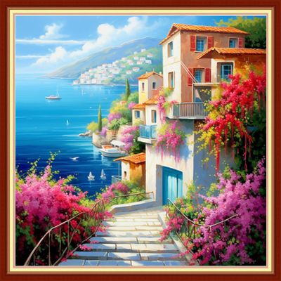 Findvoor Stamped Cross Stitch Kits for Beginners Full Range of Cross Stitching Embroidery Pattern for Adults, 11CT DIY Needlepoint Embroidery Starter Kits-Seaside Scenery 17.7x17.7 inch