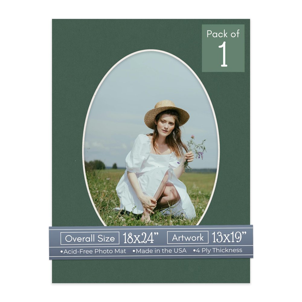 CountryArtHouse Hunter Green Acid Free 18x24 Oval Picture Frame Mat with White Core Bevel Cut for 13x19 Pictures - Fits 18x24 Frame - Pack of 1 Matboard Show Kit with Acid Free Backing & Clear Bag