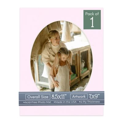 CountryArtHouse Soft Pink Acid Free 8.5x11 Oval Picture Frame Mat with White Core Bevel Cut for 7x9 Pictures - Fits 8.5x11 Frame - Pack of 1 Matboard Show Kit with Acid Free Backing & Clear Bag