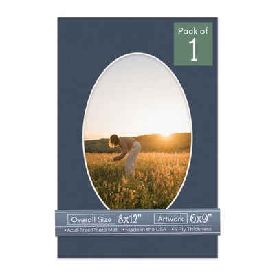 CountryArtHouse Navy Blue Acid Free 8x12 Oval Picture Frame Mat with White Core Bevel Cut for 6x9 Pictures - Fits 8x12 Frame - Pack of 1 Matboard Show Kit with Acid Free Backing & Clear Bag