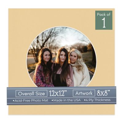 CountryArtHouse Marzipan Beige Acid Free 12x12 Circle Picture Frame Mat with White Core Bevel Cut for 8x8 Pictures - Fits 12x12 Frame - Pack of 1 Matboard Show Kit with Acid Free Backing & Clear Bag