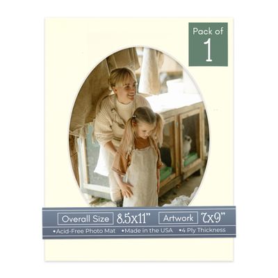 CountryArtHouse Textured Cream Acid Free 8.5x11 Oval Picture Frame Mat with White Core Bevel Cut for 7x9 Pictures - Fits 8.5x11 Frame - Pack of 1 Matboard Show Kit with Acid Free Backing & Clear Bag