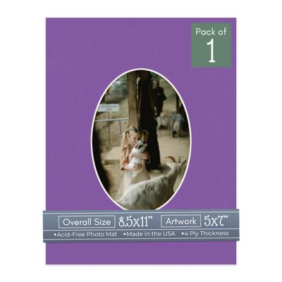 CountryArtHouse Purple Acid Free 8.5x11 Oval Picture Frame Mat with White Core Bevel Cut for 5x7 Pictures - Fits 8.5x11 Frame - Pack of 1 Matboard Show Kit with Acid Free Backing & Clear Bag