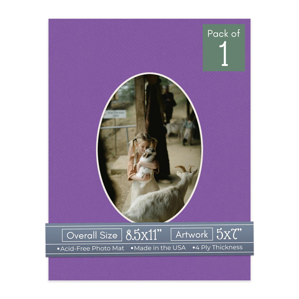 CountryArtHouse Purple Acid Free 8.5x11 Oval Picture Frame Mat with White Core Bevel Cut for 5x7 Pictures - Fits 8.5x11 Frame - Pack of 1 Matboard Show Kit with Acid Free Backing & Clear Bag