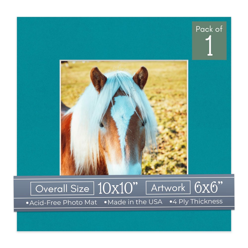 CountryArtHouse Teal Blue Acid Free 10x10 Square Picture Frame Mat with White Core Bevel Cut for 6x6 Pictures - Fits 10x10 Frame - Pack of 1 Matboard Show Kit with Acid Free Backing & Clear Bag