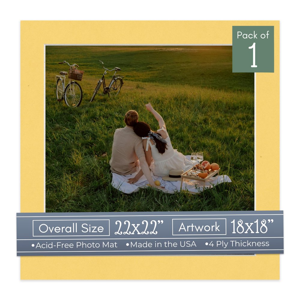 Chamois Yellow Acid Free 22x22 Square Picture Frame Mat with White Core Bevel Cut for 18x18 Pictures - Fits 22x22 Frame - Pack of 1 Matboard Show Kit With Acid Free Backing & Clear Bag