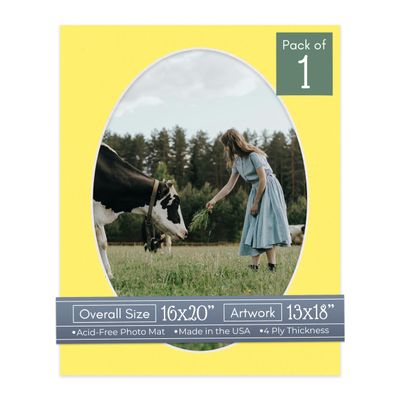 CountryArtHouse Yellow Acid Free 16x20 Oval Picture Frame Mat with White Core Bevel Cut for 13x18 Pictures - Fits 16x20 Frame - Pack of 1 Matboard Show Kit with Acid Free Backing & Clear Bag
