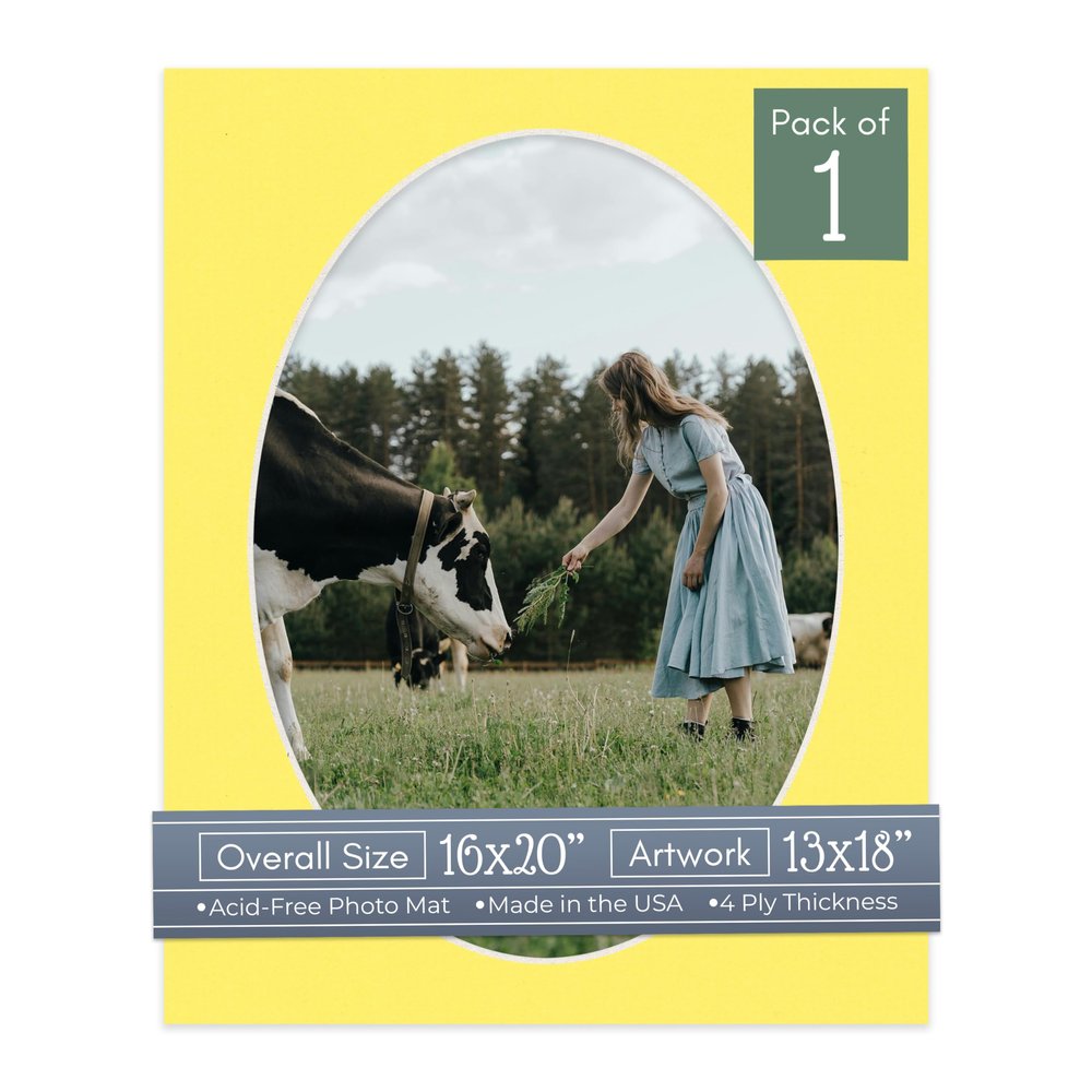 CountryArtHouse Yellow Acid Free 16x20 Oval Picture Frame Mat with White Core Bevel Cut for 13x18 Pictures - Fits 16x20 Frame - Pack of 1 Matboard Show Kit with Acid Free Backing & Clear Bag