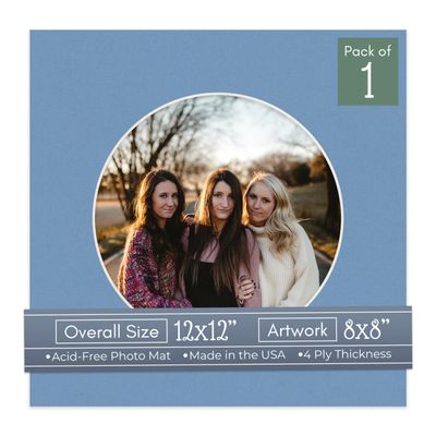 CountryArtHouse Brittany Blue Acid Free 12x12 Circle Picture Frame Mat with White Core Bevel Cut for 8x8 Pictures - Fits 12x12 Frame - Pack of 1 Matboard Show Kit with Acid Free Backing & Clear Bag