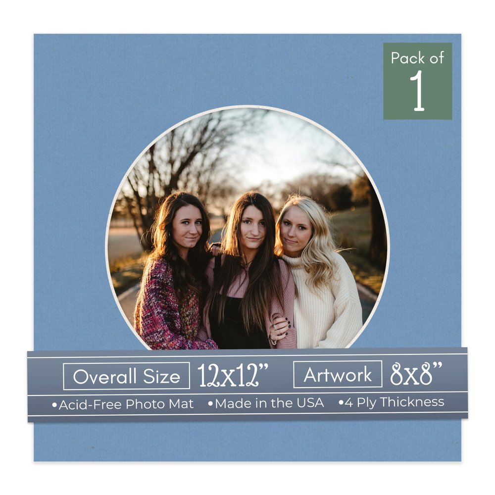 CountryArtHouse Brittany Blue Acid Free 12x12 Circle Picture Frame Mat with White Core Bevel Cut for 8x8 Pictures - Fits 12x12 Frame - Pack of 1 Matboard Show Kit with Acid Free Backing & Clear Bag