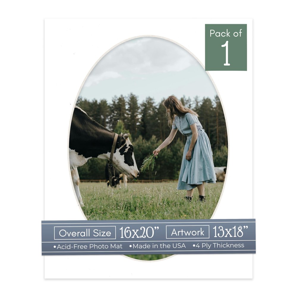 CountryArtHouse White Acid Free 16x20 Oval Picture Frame Mat with White Core Bevel Cut for 13x18 Pictures - Fits 16x20 Frame - Pack of 1 Matboard Show Kit with Acid Free Backing & Clear Bag