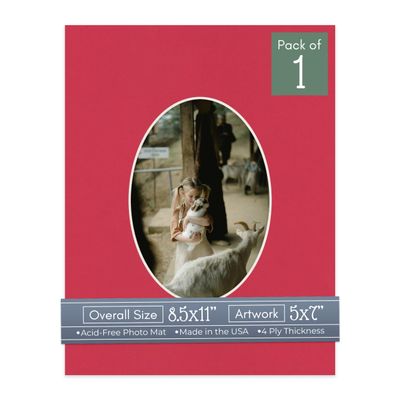 CountryArtHouse Deep Red Acid Free 8.5x11 Oval Picture Frame Mat with White Core Bevel Cut for 5x7 Pictures - Fits 8.5x11 Frame - Pack of 1 Matboard Show Kit with Acid Free Backing & Clear Bag