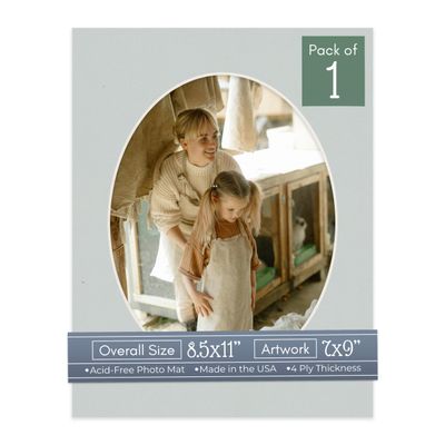 CountryArtHouse Grey Acid Free 8.5x11 Oval Picture Frame Mat with White Core Bevel Cut for 7x9 Pictures - Fits 8.5x11 Frame - Pack of 1 Matboard Show Kit with Acid Free Backing & Clear Bag