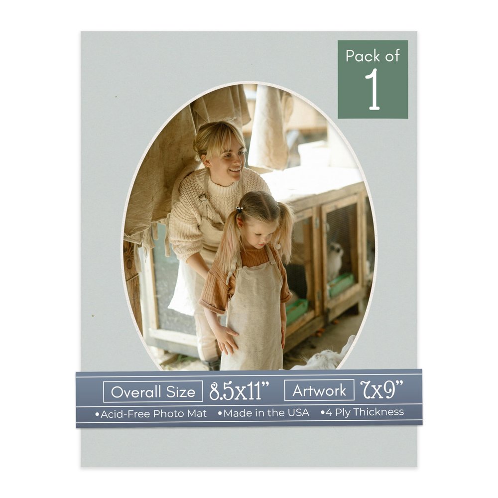 CountryArtHouse Grey Acid Free 8.5x11 Oval Picture Frame Mat with White Core Bevel Cut for 7x9 Pictures - Fits 8.5x11 Frame - Pack of 1 Matboard Show Kit with Acid Free Backing & Clear Bag