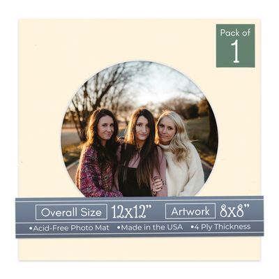 CountryArtHouse Cream Acid Free 12x12 Circle Picture Frame Mat with White Core Bevel Cut for 8x8 Pictures - Fits 12x12 Frame - Pack of 1 Matboard Show Kit with Acid Free Backing & Clear Bag