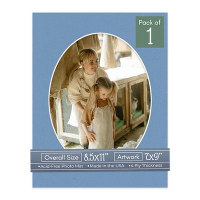 CountryArtHouse Brittany Blue Acid Free 8.5x11 Oval Picture Frame Mat with White Core Bevel Cut for 7x9 Pictures - Fits 8.5x11 Frame - Pack of 1 Matboard Show Kit with Acid Free Backing & Clear Bag