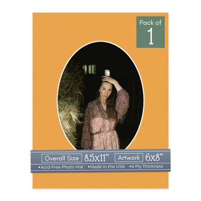 CountryArtHouse Golden Orange Acid Free 8.5x11 Oval Picture Frame Mat with White Core Bevel Cut for 6x8 Pictures - Fits 8.5x11 Frame - Pack of 1 Matboard Show Kit with Acid Free Backing & Clear Bag
