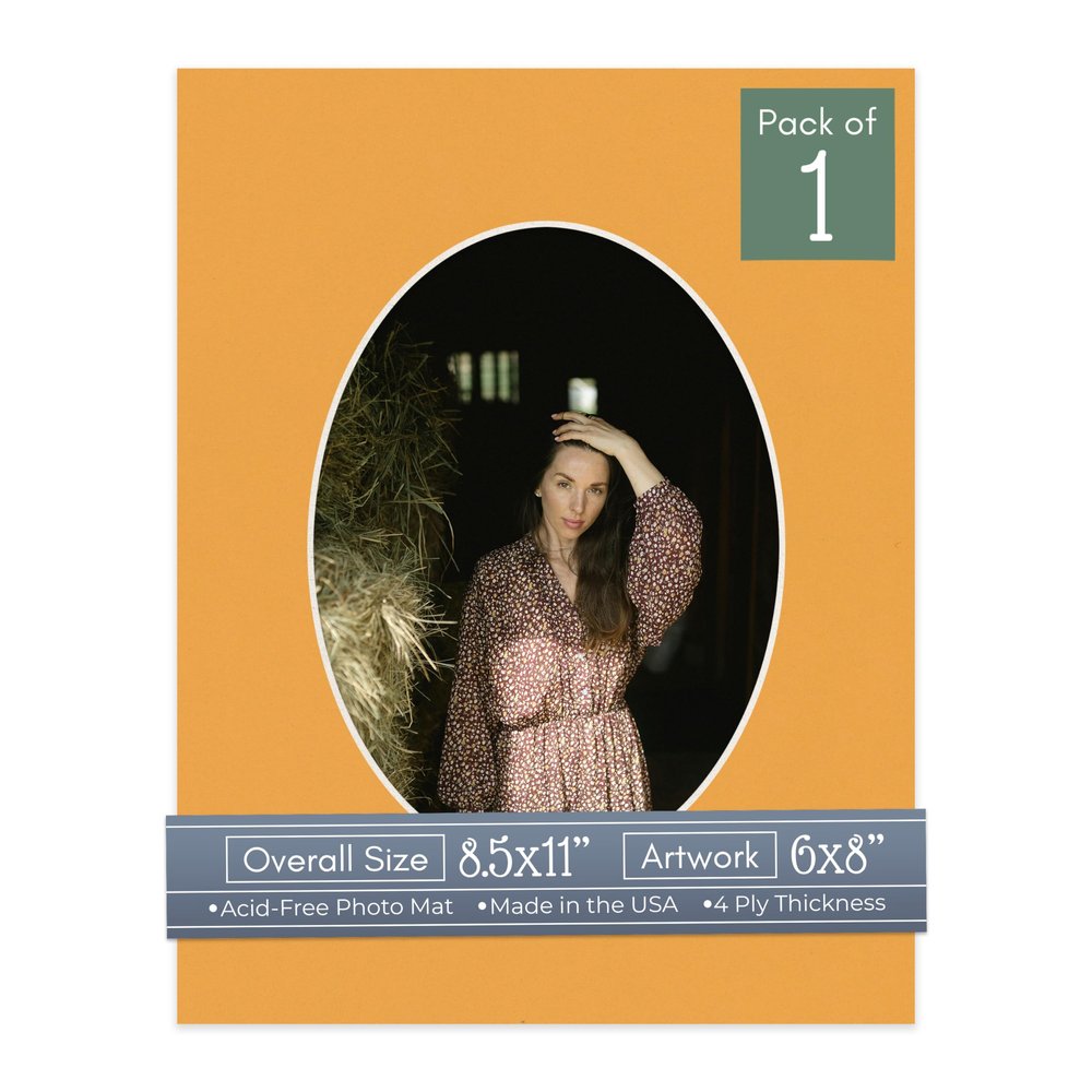 CountryArtHouse Golden Orange Acid Free 8.5x11 Oval Picture Frame Mat with White Core Bevel Cut for 6x8 Pictures - Fits 8.5x11 Frame - Pack of 1 Matboard Show Kit with Acid Free Backing & Clear Bag