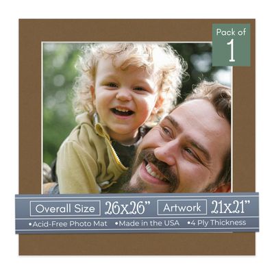 Aged Oak Brown Acid Free 26x26 Square Picture Frame Mat with White Core Bevel Cut for 21x21 Pictures - Fits 26x26 Frame - Pack of 1 Matboard Show Kit With Acid Free Backing & Clear Bag