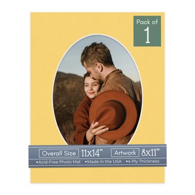 CountryArtHouse Chamois Yellow Acid Free 11x14 Oval Picture Frame Mat with White Core Bevel Cut for 8x11 Pictures - Fits 11x14 Frame - Pack of 1 Matboard Show Kit with Acid Free Backing & Clear Bag