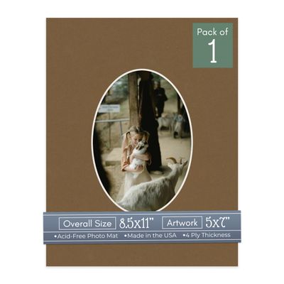 CountryArtHouse Aged Oak Brown Acid Free 8.5x11 Oval Picture Frame Mat with White Core Bevel Cut for 5x7 Pictures - Fits 8.5x11 Frame - Pack of 1 Matboard Show Kit with Acid Free Backing & Clear Bag