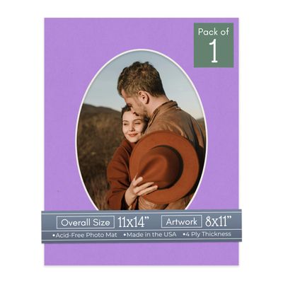 CountryArtHouse Light Purple Acid Free 11x14 Oval Picture Frame Mat with White Core Bevel Cut for 8x11 Pictures - Fits 11x14 Frame - Pack of 1 Matboard Show Kit with Acid Free Backing & Clear Bag