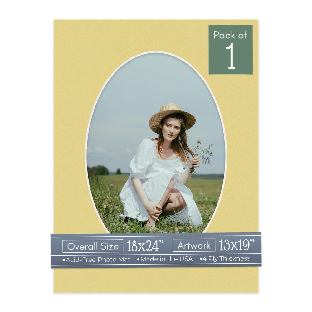 CountryArtHouse Soft Yellow Acid Free 18x24 Oval Picture Frame Mat with White Core Bevel Cut for 13x19 Pictures - Fits 18x24 Frame - Pack of 1 Matboard Show Kit with Acid Free Backing & Clear Bag