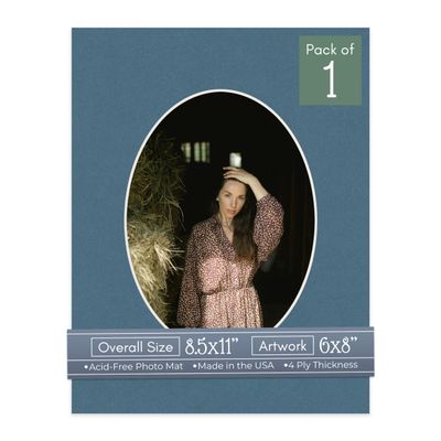 CountryArtHouse Steel Blue Acid Free 8.5x11 Oval Picture Frame Mat with White Core Bevel Cut for 6x8 Pictures - Fits 8.5x11 Frame - Pack of 1 Matboard Show Kit with Acid Free Backing & Clear Bag